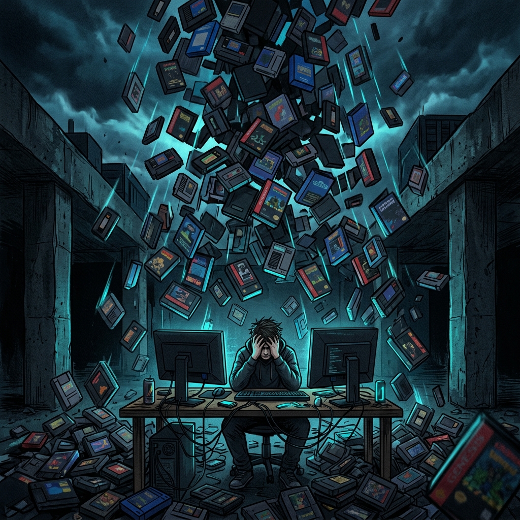 A massive swarm of video games overwhelming a gamer at their desk
