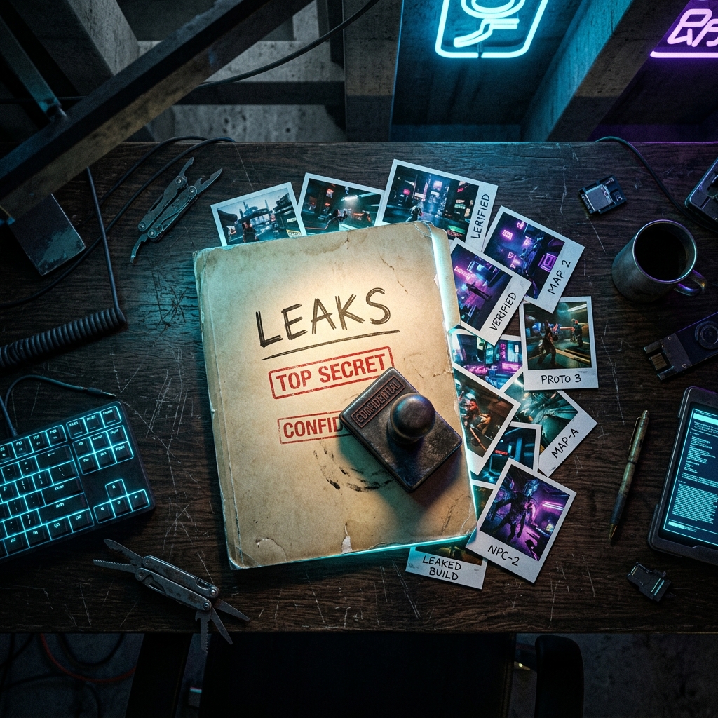 A glowing top-secret folder spilling leaked game screenshots onto a messy desk