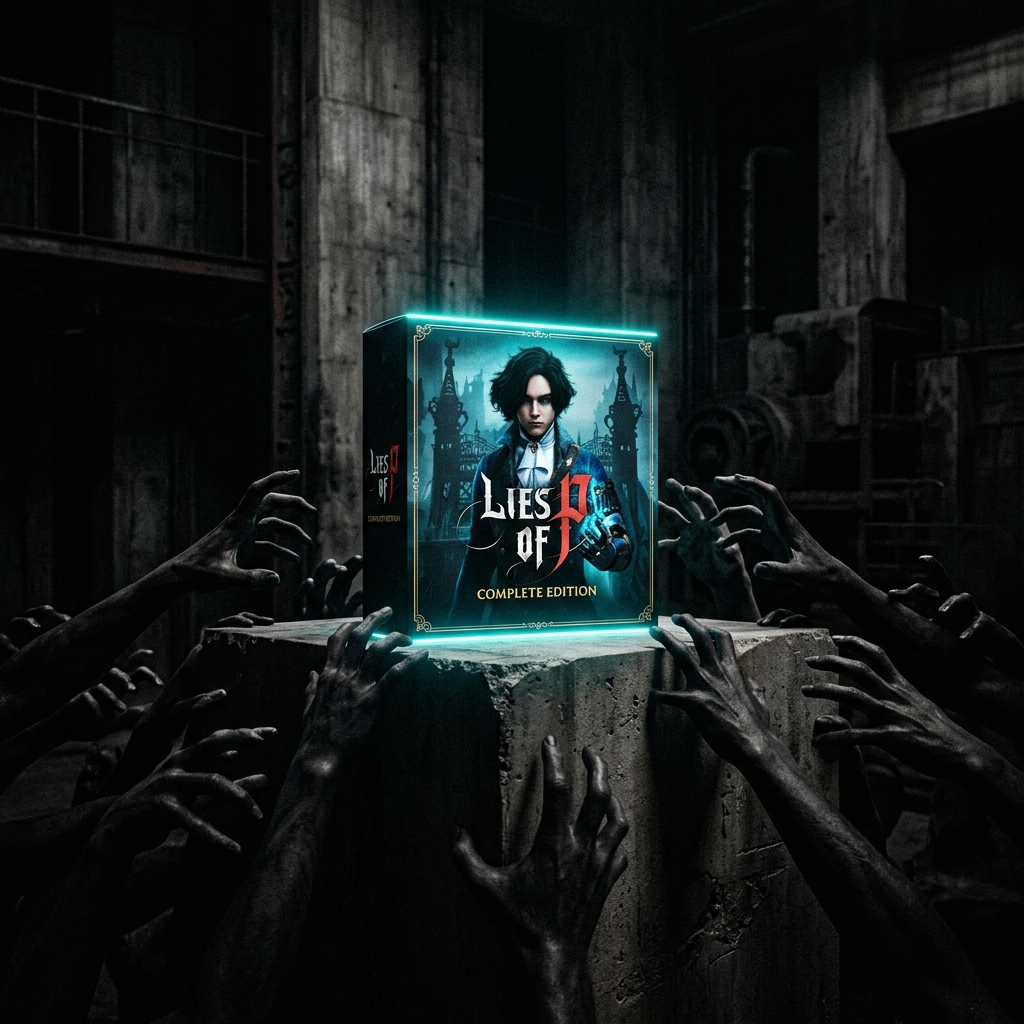 Lies of P Complete Edition on a pedestal with shadowy hands reaching for it