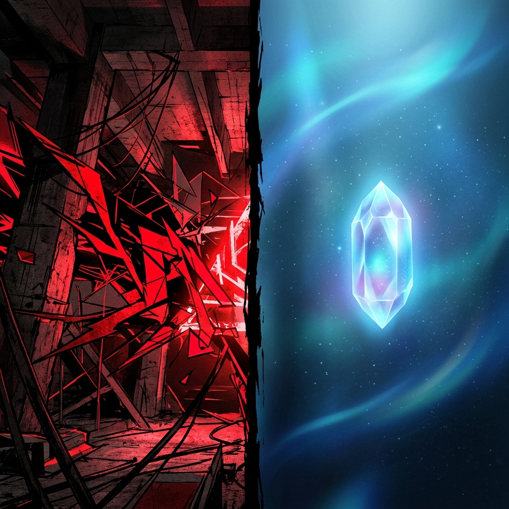 A brutal split-screen graphic contrasting the aggressive red of the Coach with the calm blue crystal of Savepoint
