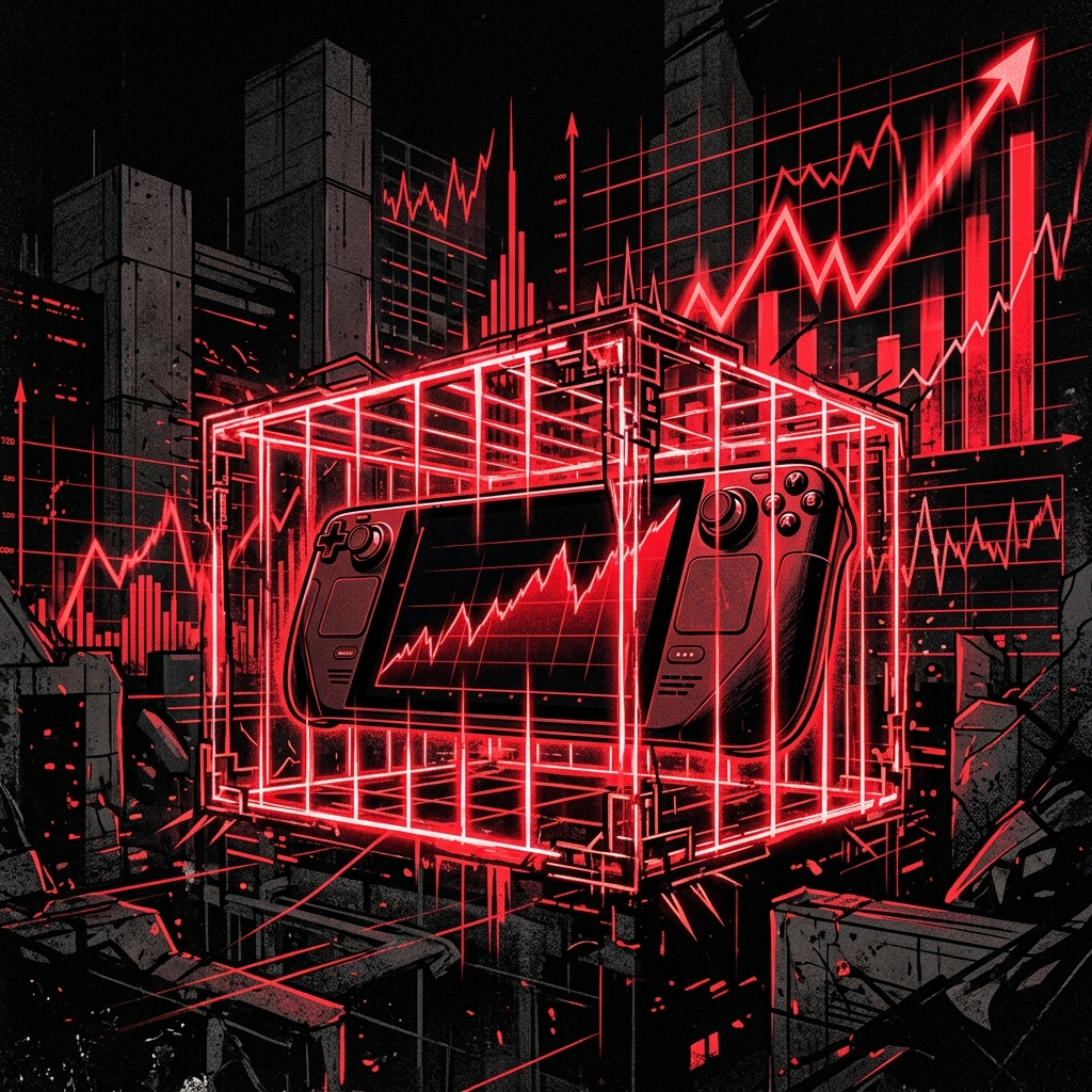 Steam Deck OLED enclosed in a glowing red digital cage representing the 2026 hardware crisis